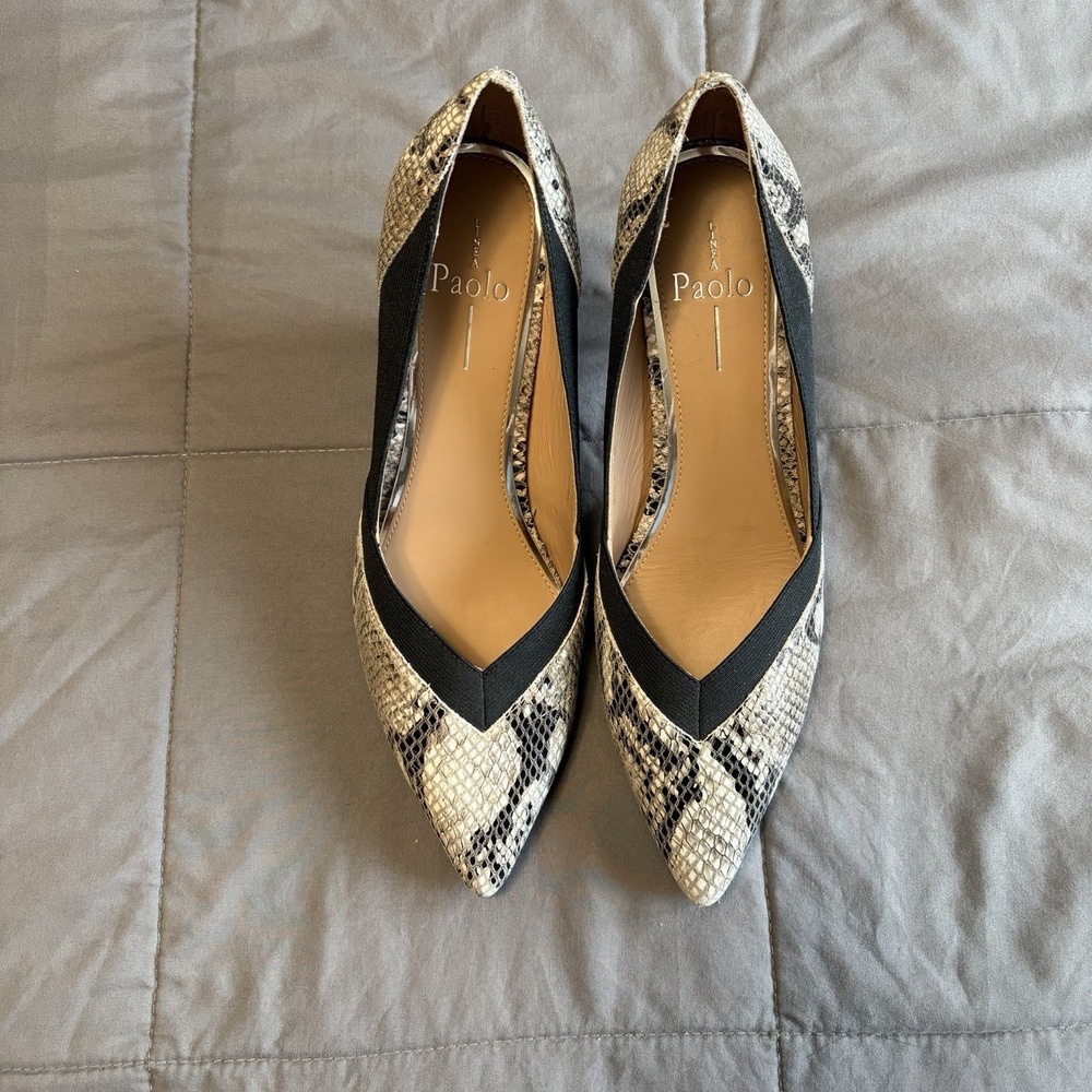 Linea Paolo 8.5 Gray Black Snake Skin Heels Pumps 8 1/2 Work Pointy Toe Women's